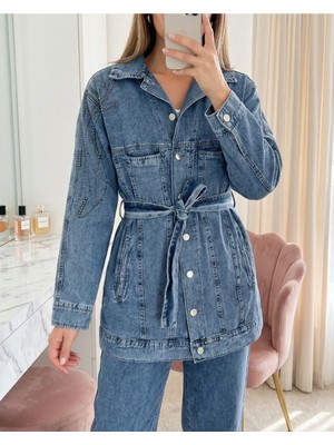 Modamorfo Cepli Önü Düğmeli Beli Kemerli Taşlı Kot Takım -Buz Mavi