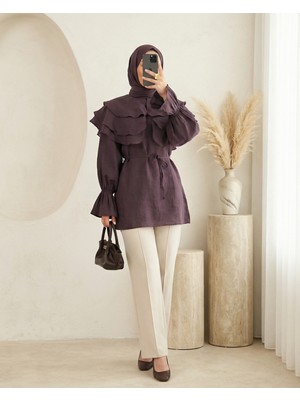 Modamorfo Geniş Katlı Yakalı Bileği Lastikli Beli Bağlamalı Yırtmaçlı Tunik  -Mürdüm