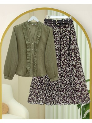 Modamorfo V Yaka Önü Fırfırlı Tensel Yari Transparan Buket Gömlek -Haki