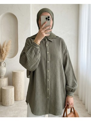Modamorfo Dikiş Çizgili Arkası Uzun Salaş Müslin Gömlek  -Haki