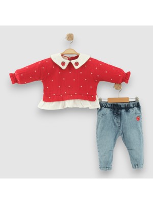 Aden Yakası Çilek Nakışlı Kot Pantolunlu 2'li Kız Bebek Takımı