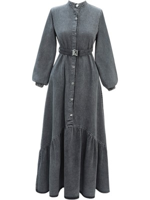 Modamorfo Lastik Kemerli Düğmeli Uzun Kot Elbise -Füme