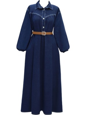 Modamorfo Yarım Düğmeli Kolu Lastikli Kemerli Kot Elbise -Laci