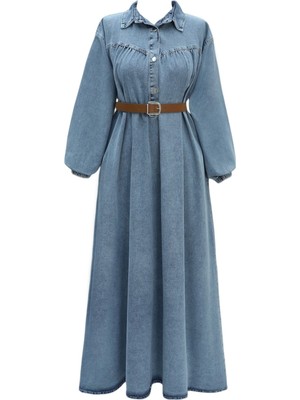 Modamorfo Yarım Düğmeli Kolu Lastikli Kemerli Kot Elbise -Buz Mavi