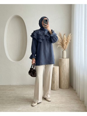 Modamorfo Geniş Katlı Yakalı Bileği Lastikli Beli Bağlamalı Yırtmaçlı Tunik  -Laci