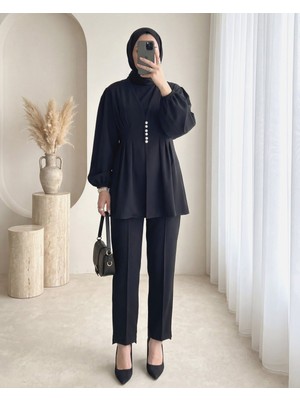 Modamorfo Taşlı Düğmeli Kolu Lastikli Double Pantolonlu Takım  -Siyah