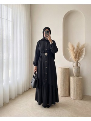 Modamorfo Lastik Kemerli Düğmeli Uzun Kot Elbise -Siyah