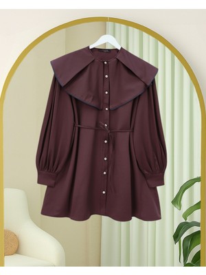 Modamorfo Geniş Yakalı Biyeli Kemerli Düğmeli Gömlek -Mürdüm