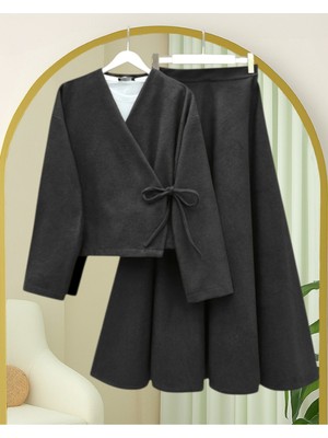 Modamorfo Önü Bağlamalı Etekli Kaşe Kimono Takım  -Siyah