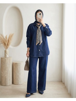 Modamorfo Bol Paça Beli Lastikli Pantolonlu Fular Detaylı Kot Takım -Laci