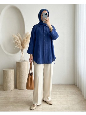 Modamorfo Çizgi Desen Oval Kesim Krinkıl Gömlek -Laci