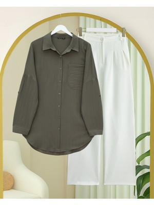 Modamorfo Tek Cepli Çizgi Desen Krinkıl Gömlek -Haki