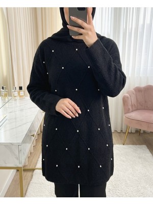 Modamorfo Taş Detaylı Baklava Desen Sakallı Triko Tunik -Siyah