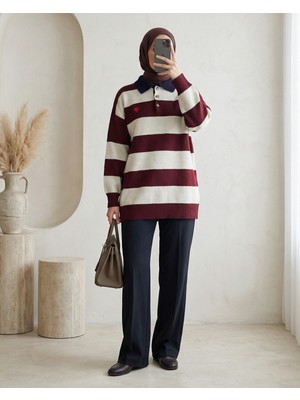 Modamorfo Gömlek Yaka Düğmeli Kalp Nakışlı Triko Tunik -Bordo