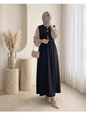 Modamorfo Beli Lastikli Yarım Düğmeli Zra Cupra Yelek Elbise Takım -Siyah