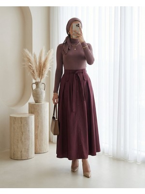 Modamorfo Önü Düğmeli Bağcıklı Paraşüt Etek -Mürdüm