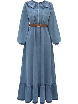 Modamorfo Bebe Yaka Yarım Fermuarlı Inci Detaylı Kemerli Kot Elbise -Buz Mavi