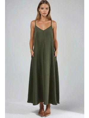 Hiccup Kadın V -Yaka A-Form Maxi Elbise Haki Yeşil