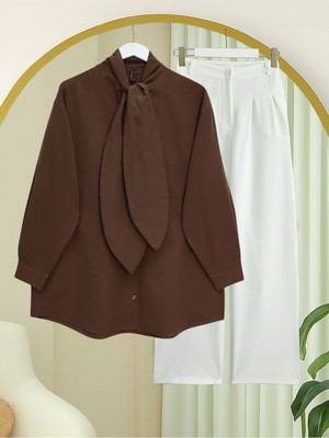 Modamorfo Yakası Bağlamalı Düğmeli Oversize Gömlek -Kahve