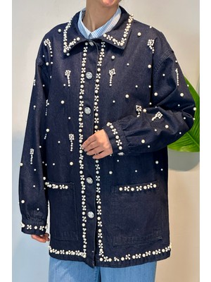 Lale Butik Taş ve Inci Detay Kot Ceket 7444 Lacivert