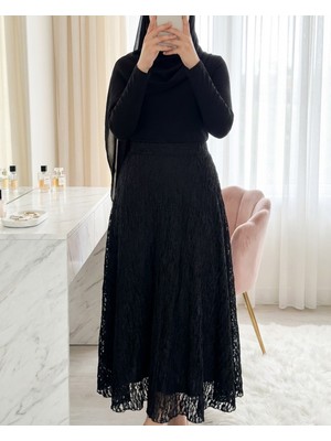 Modamorfo Desenli Astarlı Güpür Dantel Etek -Siyah