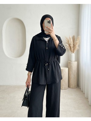 Modamorfo Tünel Bağcıklı Beli Lastikli Pantolonlu Pamuklu Krinkıl Takım -Siyah