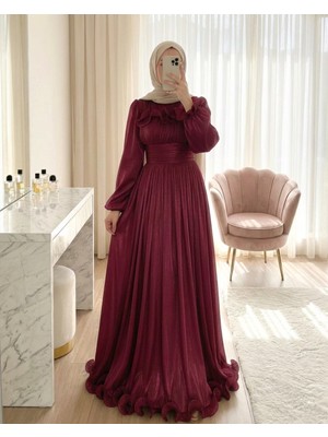 Modamorfo Beli Drapeli Kolu Lastikli Göğsü ve Eteği Fırfır Detaylı Janjan Abiye  -Bordo