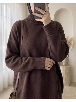 Modamorfo Yarım Boğazlı Yumoş Salaş Triko Kazak  -Kahve