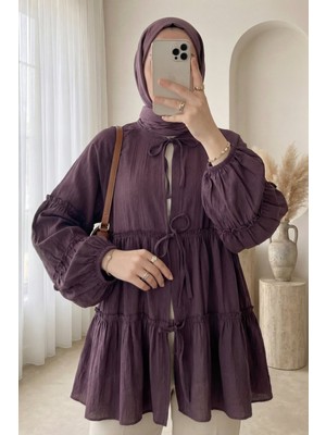 Modamorfo Kolu Lastikli Önü Bağlamalı Katlı Modal Gömlek -Mürdüm