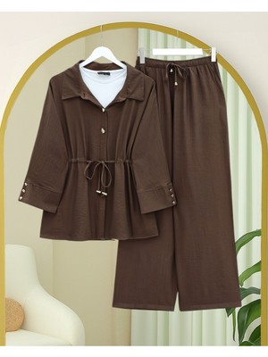 Modamorfo Tünel Bağcıklı Beli Lastikli Pantolonlu Pamuklu Krinkıl Takım -Kahve