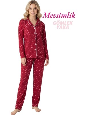 Bie's Kadın Kırmızı Desenli Slim Fit Gömlek Yaka Önden Düğmeli Dar Kalıp Mevsimlik Uzun Kol Pijama Takımı