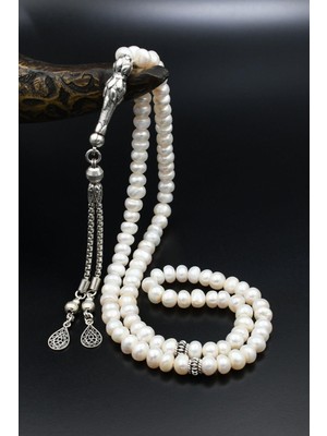 Prestige Gümüş Doğal Inci Taşlı 99'lük Tesbih 925 Ayar Gümüş Püsküllü 6 mm Küre Kesim 902579