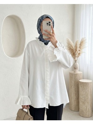 Modamorfo Arkası Uzun Kolu Ve Önü Fırfırlı Gömlek -Beyaz