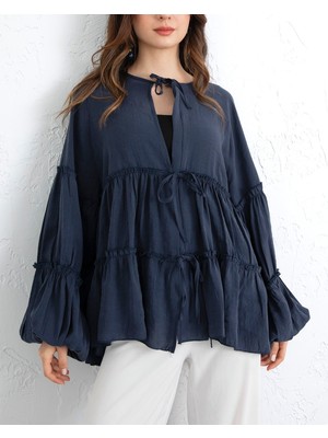 Modamorfo Kolu Lastikli Önü Bağlamalı Katlı Modal Gömlek -Laci