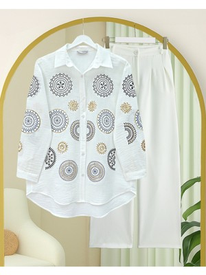 Modamorfo Kolu Ve Önü Nakış İşlemeli Düğmeli Keten Gömlek -Beyaz