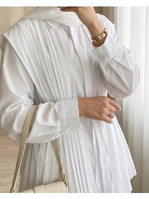 Modamorfo Önü ve Sırtı Pilise Detaylı Gizli Düğmeli Poplin Gömlek -Beyaz