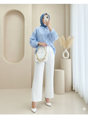 Modamorfo Çizgili Düğmeli Arkası Uzun Salaş Gömlek -Buz Mavi