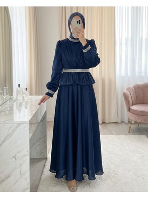 Modamorfo Beli Volan Detaylı Taşlı Janjan Saten Abiye -Laci