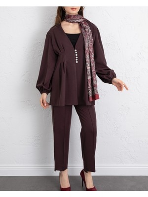 Modamorfo Taşlı Düğmeli Kolu Lastikli Double Pantolonlu Takım  -K. Bordo