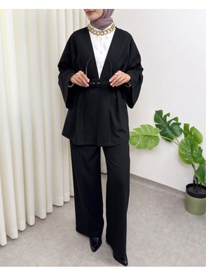 Modamorfo Kemerli Pantolonlu Kimono Takım  -Siyah