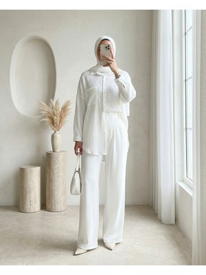 Modamorfo Tek Cepli Çizgi Desen Krinkıl Gömlek -Beyaz