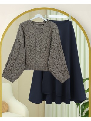 Modamorfo Örgü Desenli Salaş Krop Triko Kazak -Toprak