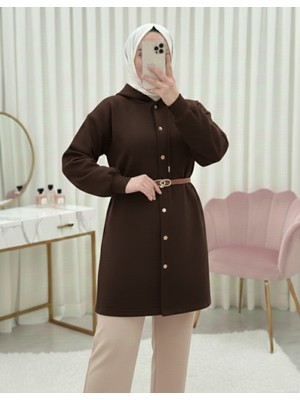 Modamorfo Kapşonlu Önü Çıtçıtlı Beli Kemerli Üç Iplik Sweat Kap -Kahve