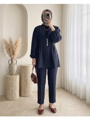 Modamorfo Taşlı Düğmeli Kolu Lastikli Double Pantolonlu Takım  -Laci