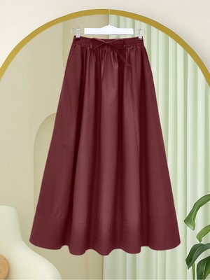 Modamorfo Beli Lastikli Bağcıklı Cepli Dikiş Detaylı Etek  -Mürdüm