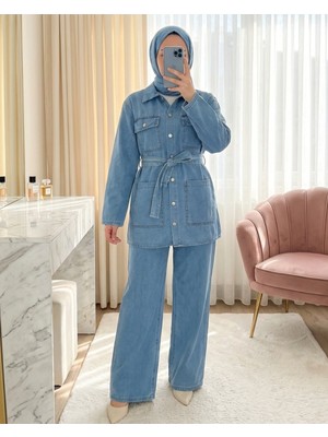 Modamorfo Beli Kemerli Cepli Önü Düğmeli Kot Takım  -Buz Mavi