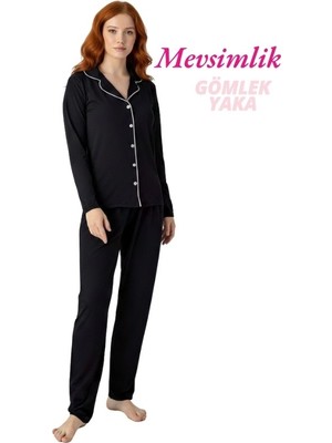 Bie's Kadın Siyah Slim Fit Gömlek Yaka Önden Düğmeli Dar Kalıp Mevsimlik Uzun Kol Pijama Takımı