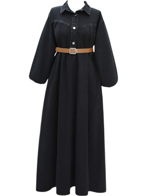 Modamorfo Yarım Düğmeli Kolu Lastikli Kemerli Kot Elbise -Siyah