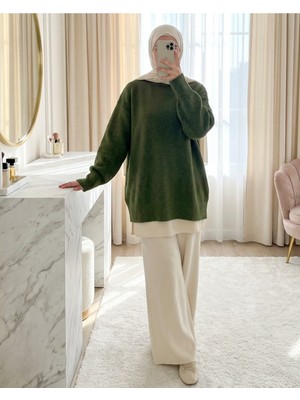 Modamorfo Yarım Boğazlı Yumoş Salaş Triko Kazak -Haki