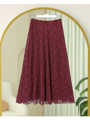 Modamorfo Desenli Astarlı Güpür Dantel Etek -Bordo